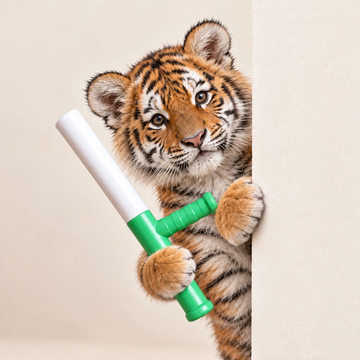 Altai Gang peeks around a cream wall, holding his baton