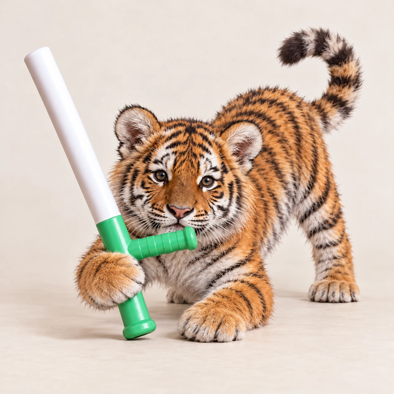 Altai Gang crouches playfully, gripping his green baton