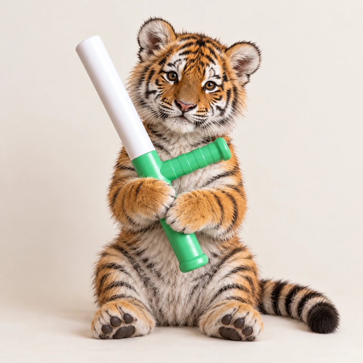 Altai Gang sits with his green baton and looks warmly at the viewer
