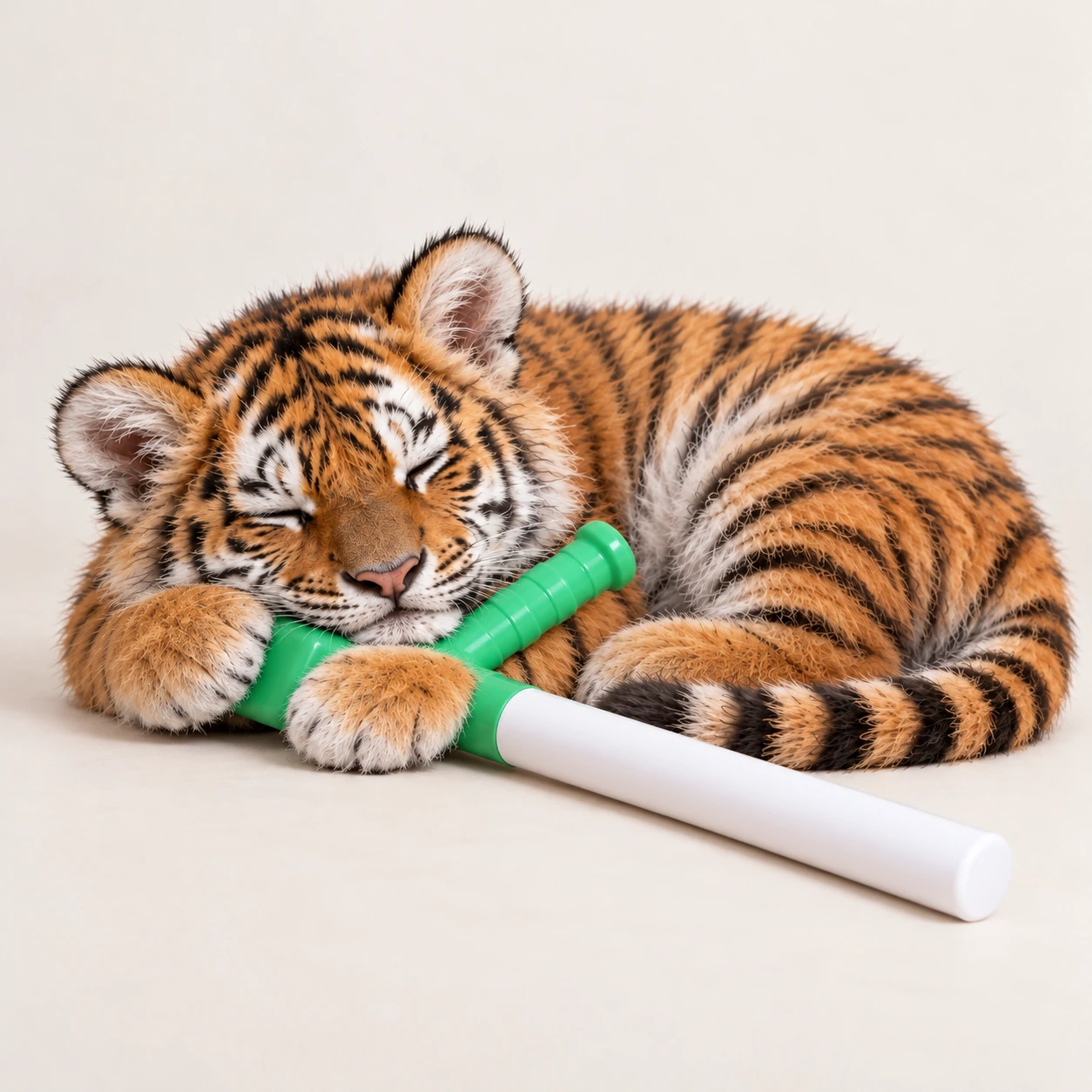 Altai Gang sleeps curled up with his green baton under his paws